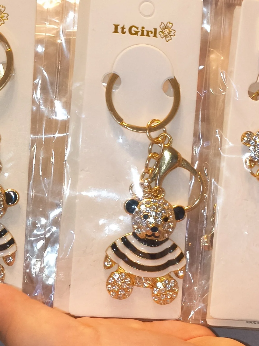It Girl Gold Teddy Bear Keychain in Black & White